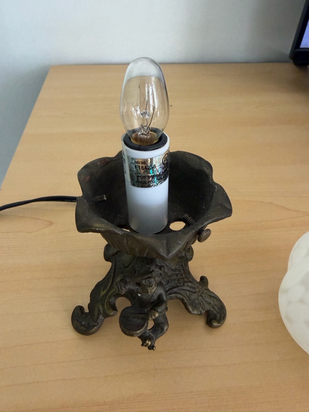 Vintage Art Nouveau Small Cast Iron Table Lamp With Cherub Drummer